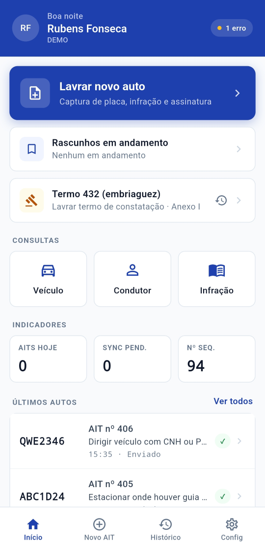 Tela do app móvel mostrando wizard de lavratura de AIT